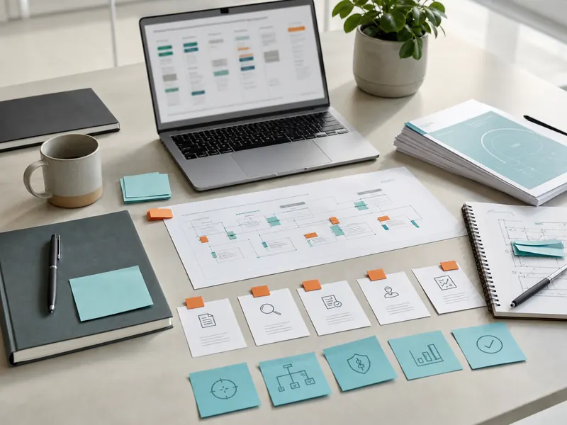 A light workspace with laptop, process map, index cards, and teal notes arranged into an AI implementation plan