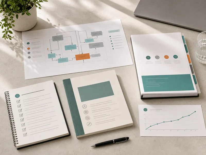 AI Workflow Sprint handoff kit with a process map, context binder, review checklist, owner guide, and measurement sheet on a bright worktable