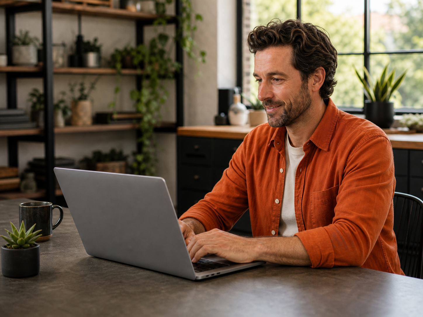 Business owner working with an AI assistant on a laptop