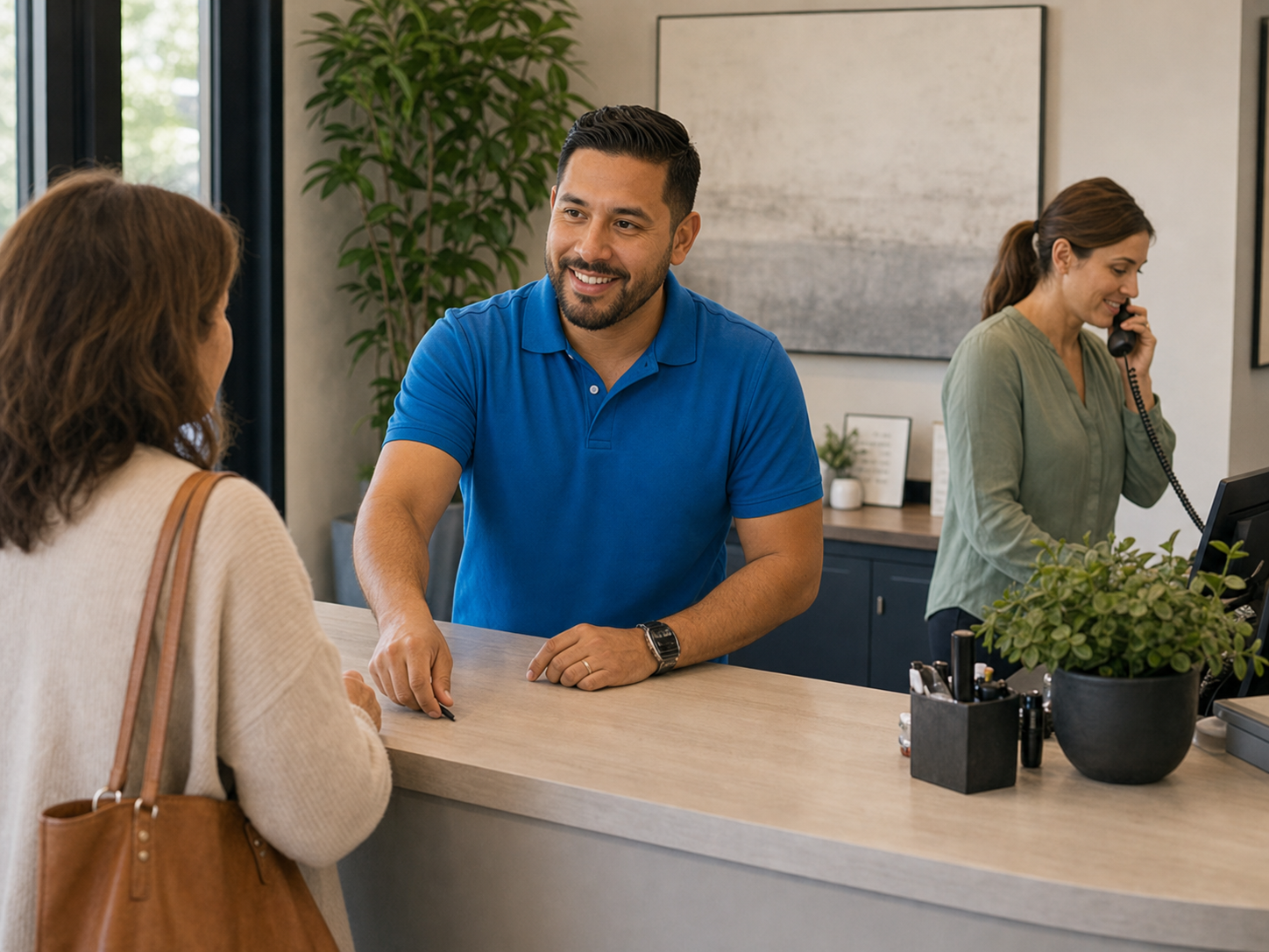 Local service business owner greeting a customer at the front desk